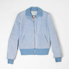 Women's Leather and Pockets Baby Blue Zipper Jacket