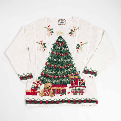 Women's Vintage Holiday Christmas Tree White Sweater