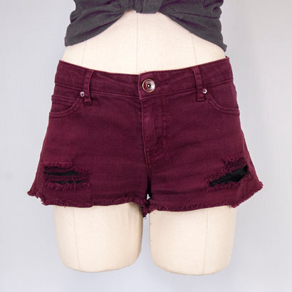 Women's Torn Denim Burgundy Shorts