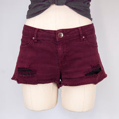 Women's Torn Denim Burgundy Shorts