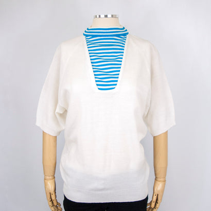 Unisex Vintage Striped Mock Turtle Neck Blue/White Sweater
