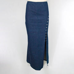 Women's Maxi Denim Rivet-lined Slit Blue Skirt