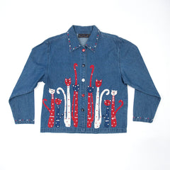 Women's Cat Embroidered Denim Blue Button Down Top