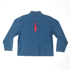 Women's Cat Embroidered Denim Blue Button Down Top