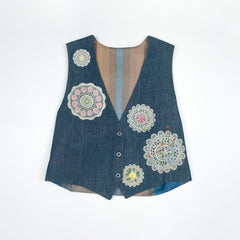 Women's Floral Embroidered Button Denim Blue Vest