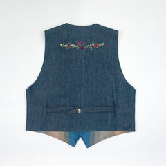 Women's Floral Embroidered Button Denim Blue Vest