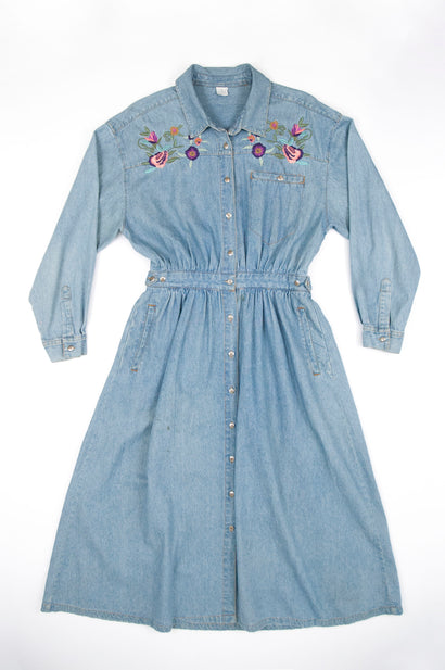 Women's Vinatge Floral Embroidery Denim Blue Dress