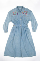 Women's Vinatge Floral Embroidery Denim Blue Dress