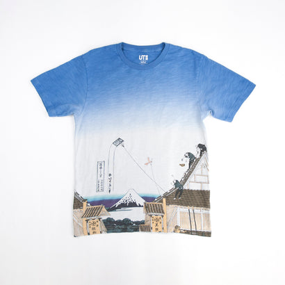 Men's Uniqlo Hokusai - Japan - Mt. Fuji - City/Landscape Blue T-Shirt