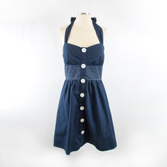 Women's Big Button Striped Halter Blue Dress