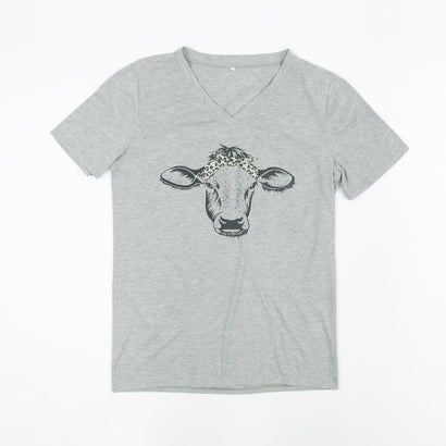 Unisex Cow Leopard Skin Bandana Gray V-Neck T-Shirt