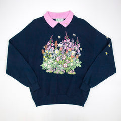 Women's Vintage National Wildlife Flowers & Bees Collar Navy Sweatshirt