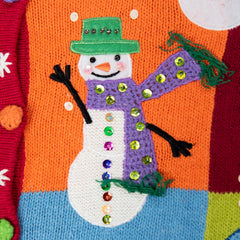 Women's Holiday Happy Snowmen Hand Embroidered Multi-Colored Button Sweater