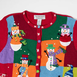 Women's Holiday Happy Snowmen Hand Embroidered Multi-Colored Button Sweater