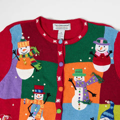 Women's Holiday Happy Snowmen Hand Embroidered Multi-Colored Button Sweater