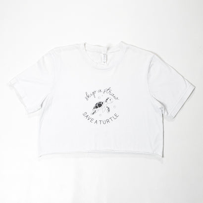 Women's Skip a Straw Save a Turtle White Crop Top