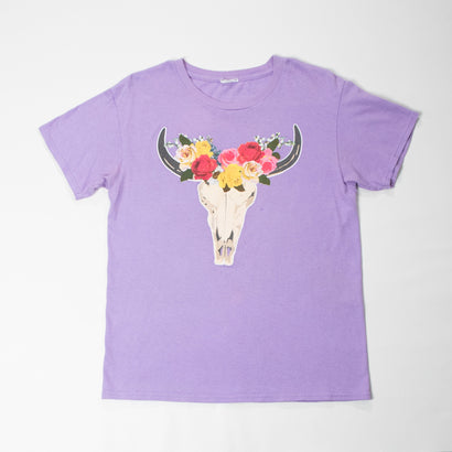 Women's Longhorn Skull Floral Crown Purple T-Shirt