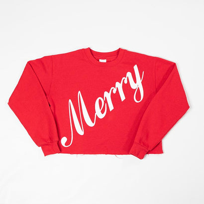 Women's Merry Holiday Cut-Off Red Sweatshirt