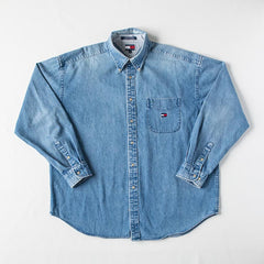 Men's Vintage Tommy Hilfiger Long-Sleeve Denim Blue Button Down Shirt