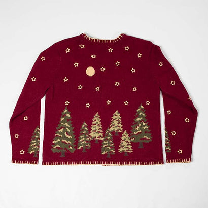 Women's Holiday Trees & Stars Hand Embroidered Maroon Button Sweater