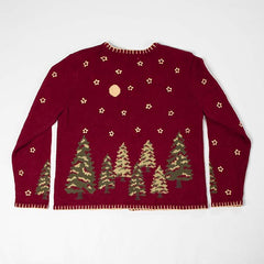 Women's Holiday Trees & Stars Hand Embroidered Maroon Button Sweater