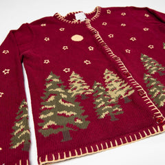 Women's Holiday Trees & Stars Hand Embroidered Maroon Button Sweater