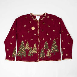 Women's Holiday Trees & Stars Hand Embroidered Maroon Button Sweater