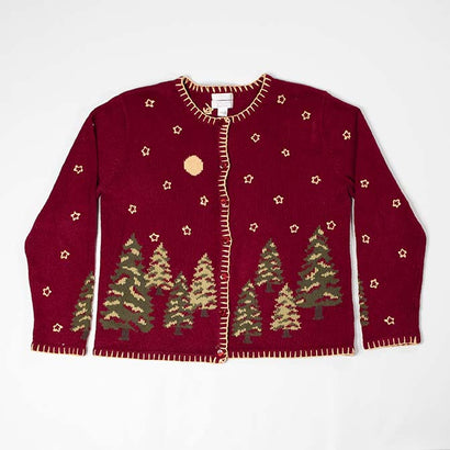 Women's Holiday Trees & Stars Hand Embroidered Maroon Button Sweater
