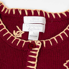 Women's Holiday Trees & Stars Hand Embroidered Maroon Button Sweater